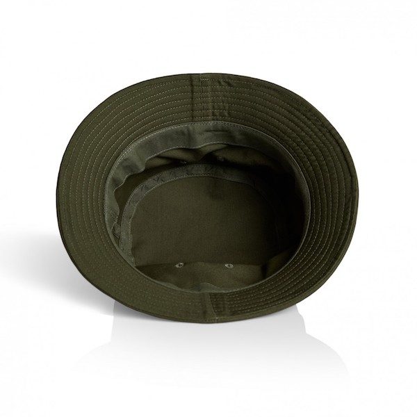 the inside of an army green cotton bucket hat